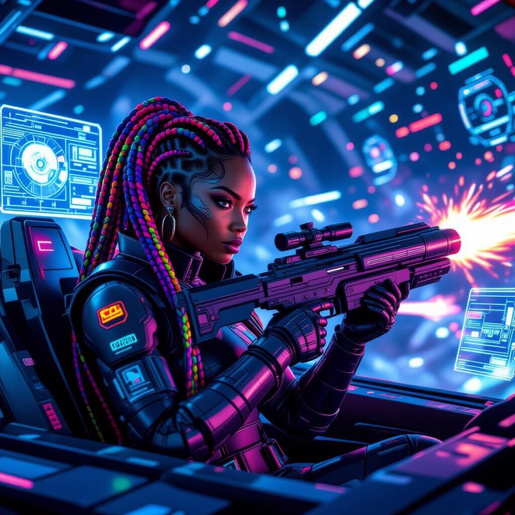 Futuristic Warrior in Intense Space Battle