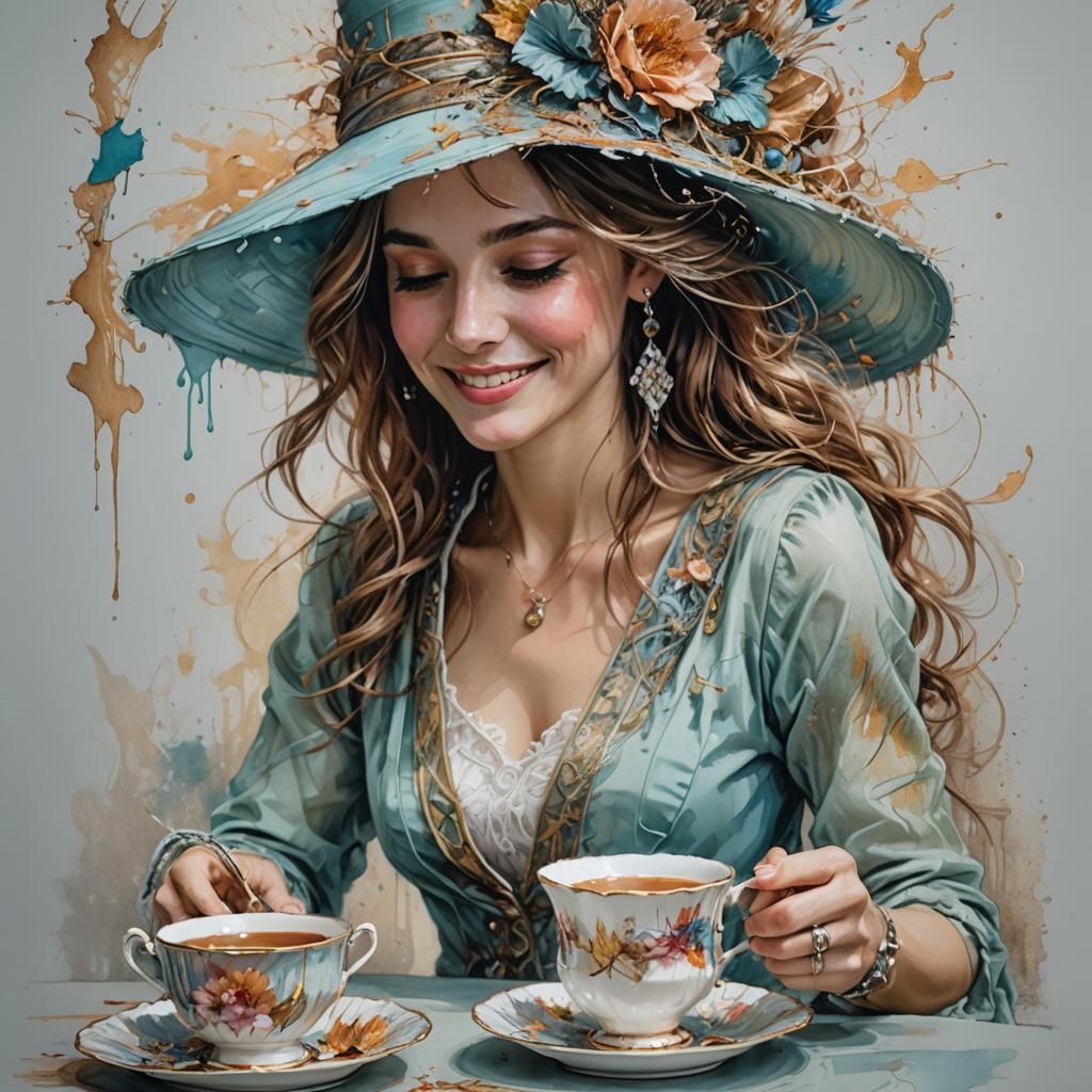 Elegant Lady Pouring Tea in Pastel Watercolor Style