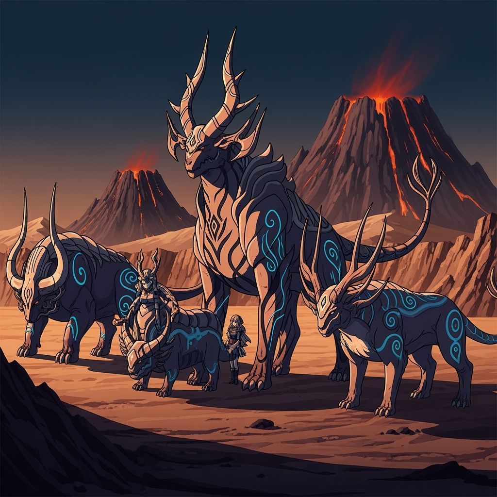 Majestic Behemoths in Desert Landscape, Anime Style