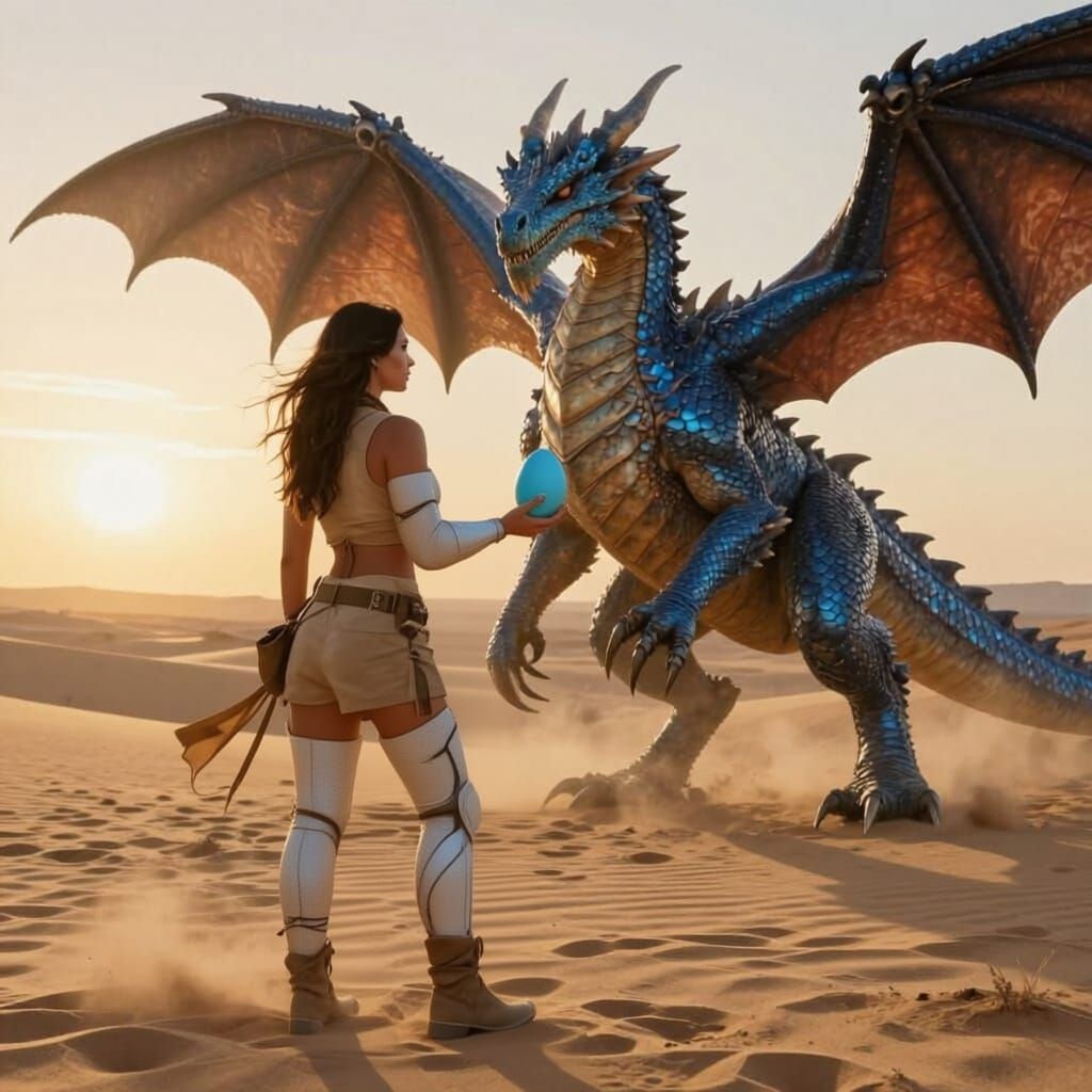 Woman and Blue Dragon Meet in Desert Landscape