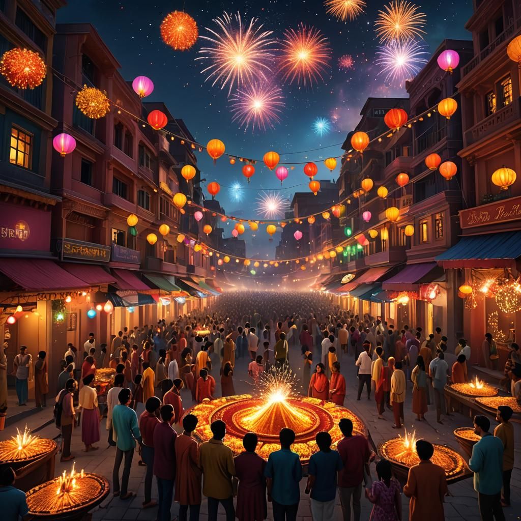Diwali Celebration: Hyperrealistic Cityscape with Fireworks
