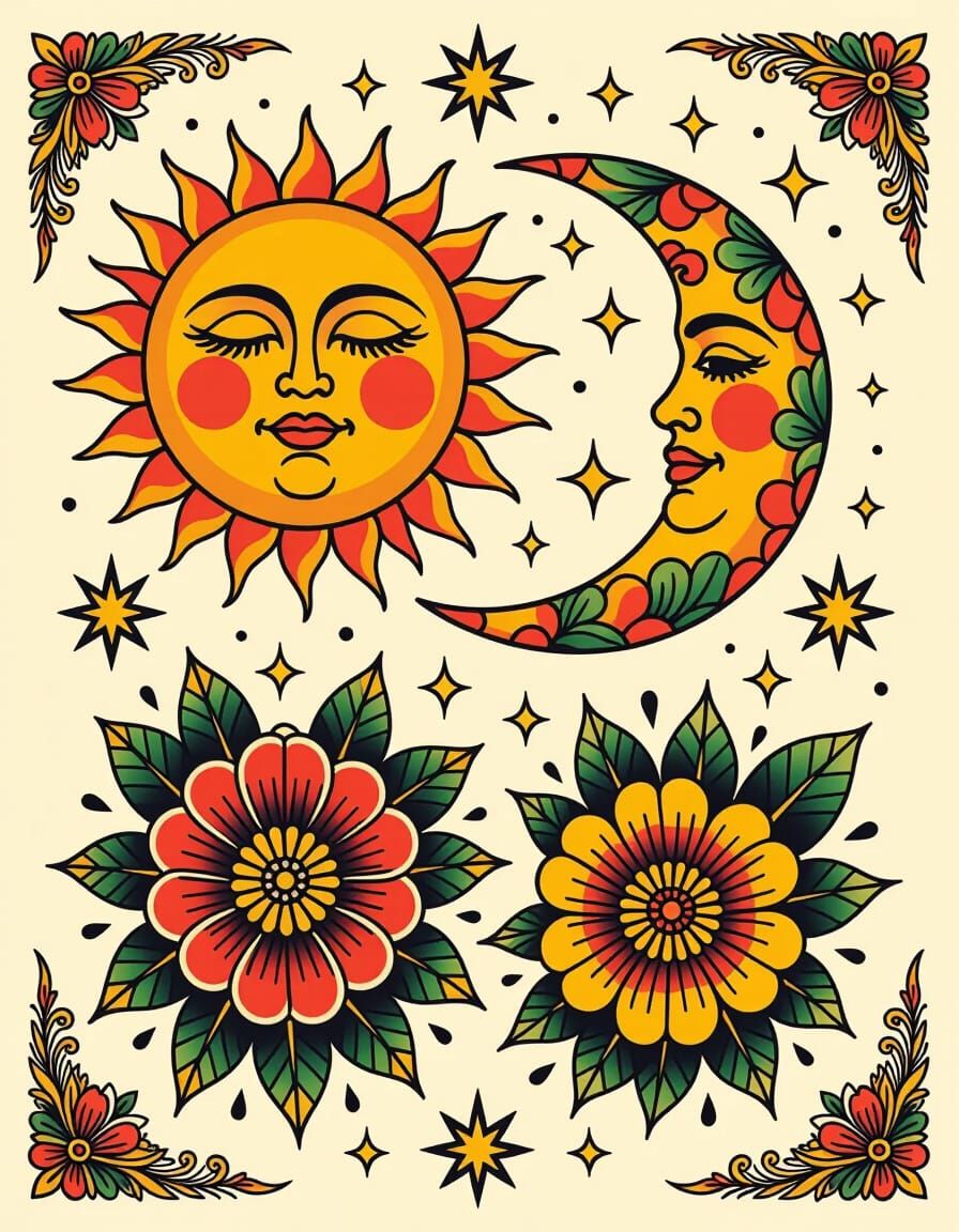 1960s Old School Tattoo Flash: Sun, Moon, Stars & Flowers