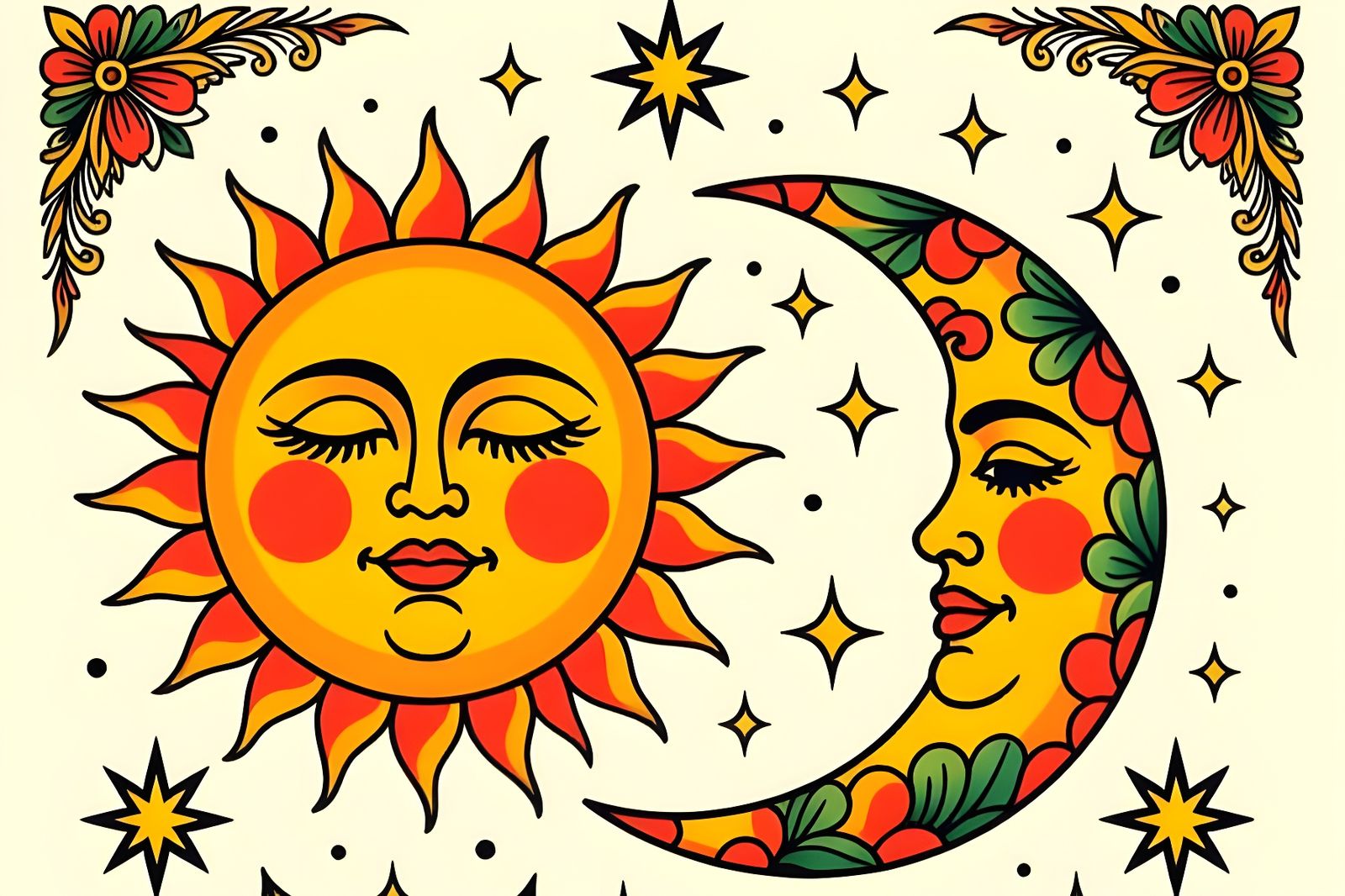 1960s Old School Tattoo Flash Sheet: Sun, Moon, Stars