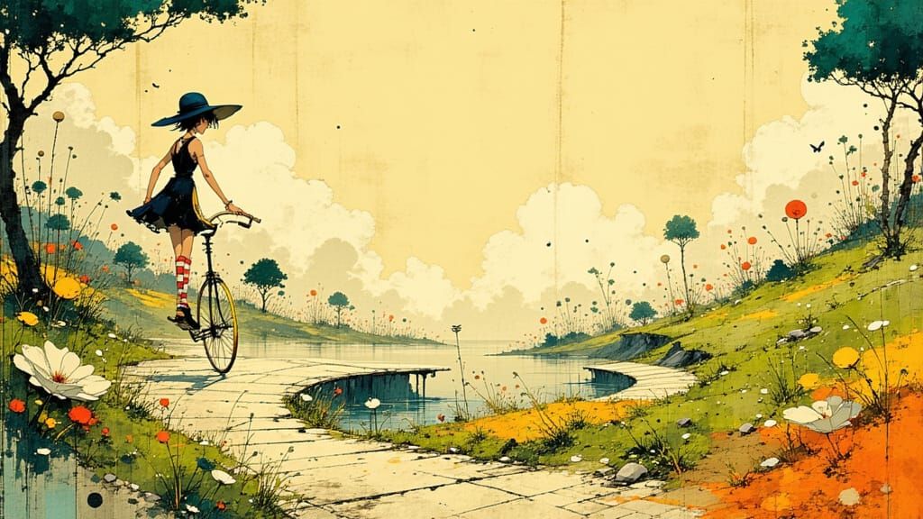 Whimsical Unicyclist on Twisted Road in Seuss Style