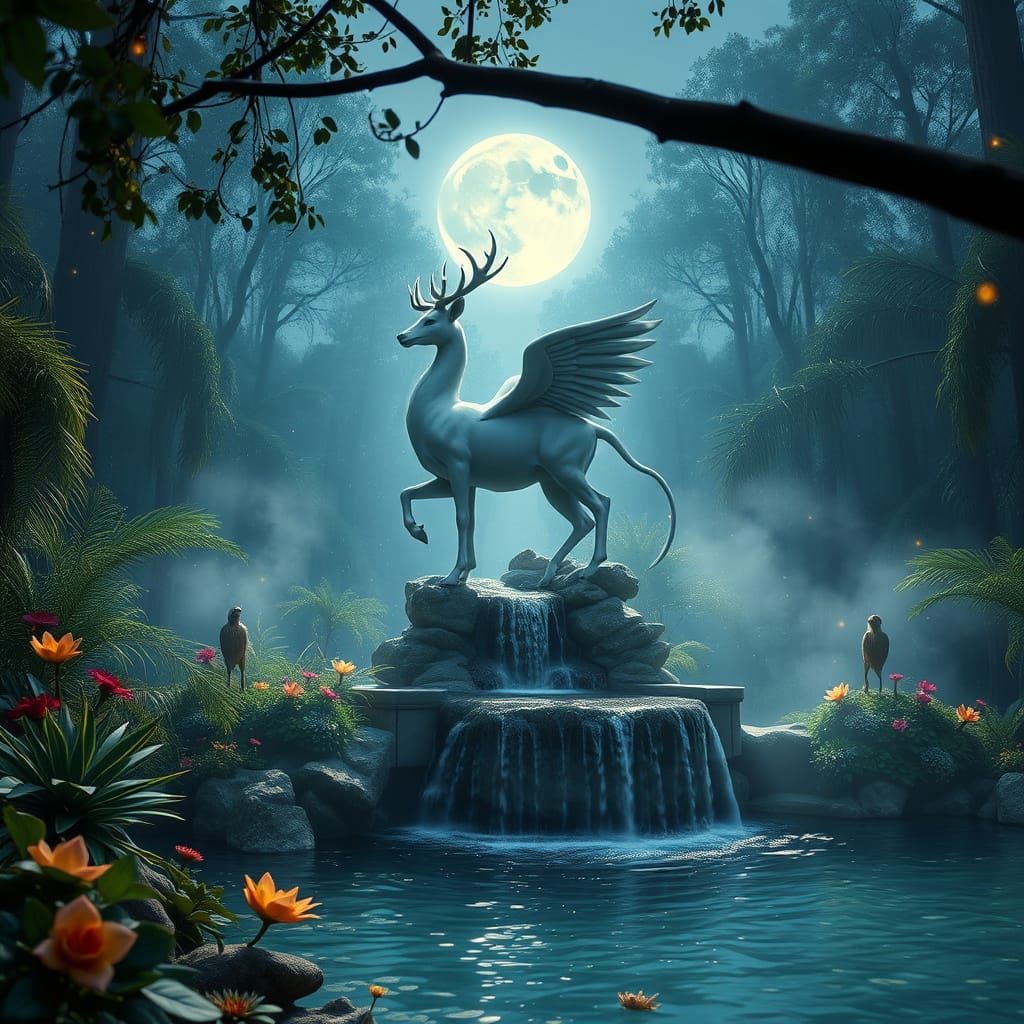 Mythical Creature Fountain in Moonlit Forest