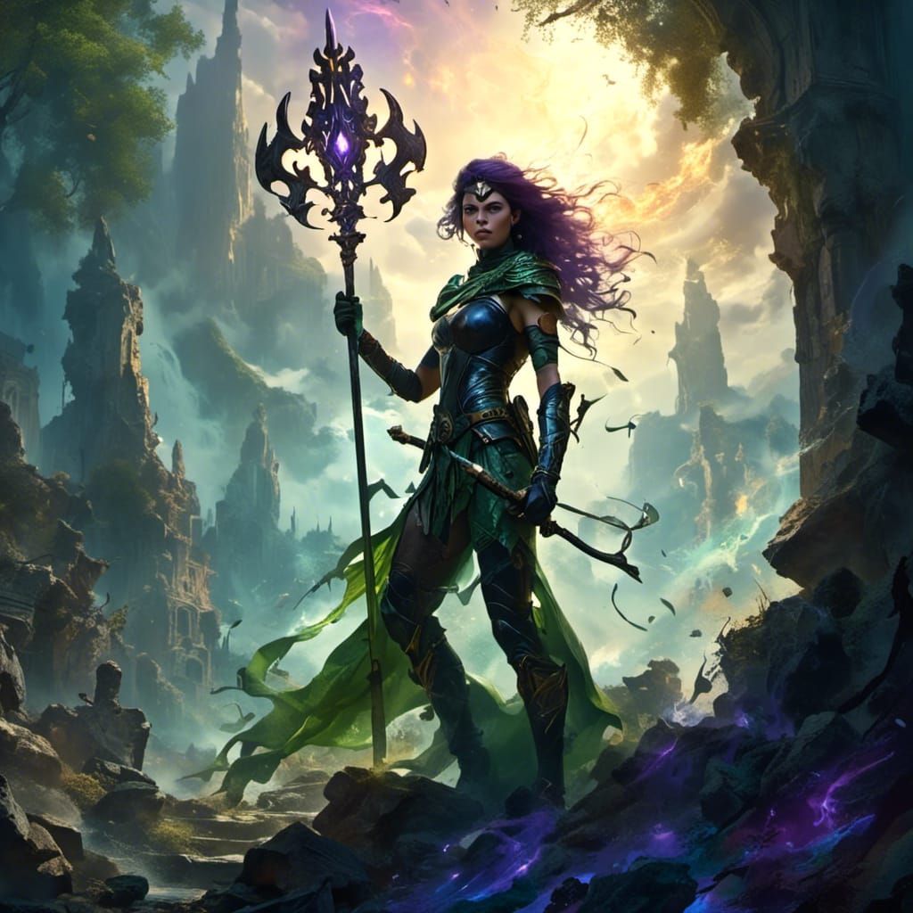 Fantasy Warrior Woman with Trident in Dark Magic Ruins