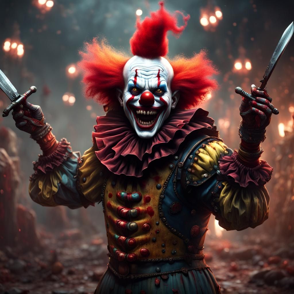 Evil Clown Juggling Knives in Detailed Fantasy Art