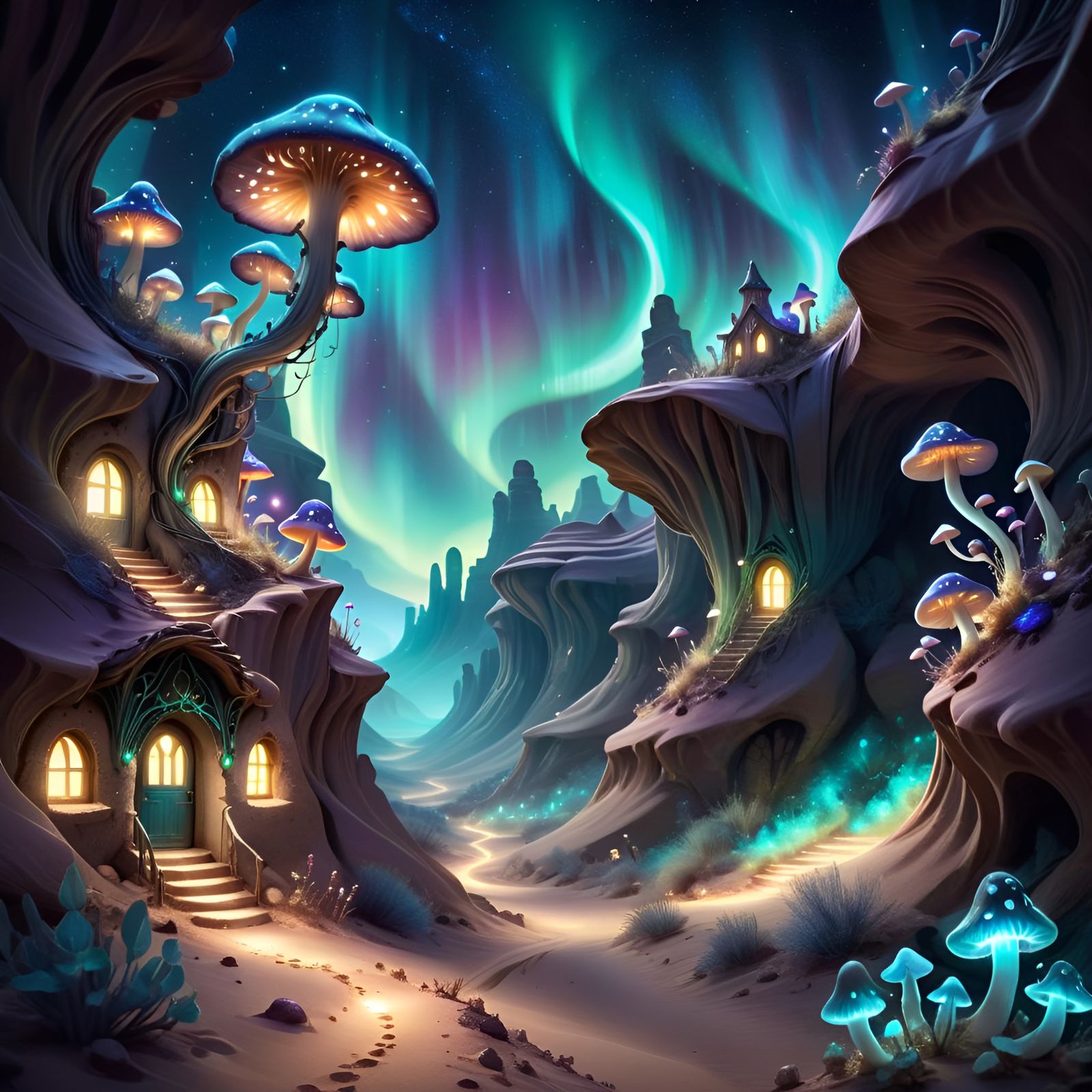 Mystical Desert Canyon at Night with Magic Lights