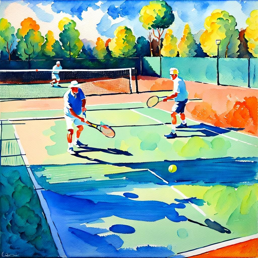 Grandpas Playing Tennis in Gouache Style