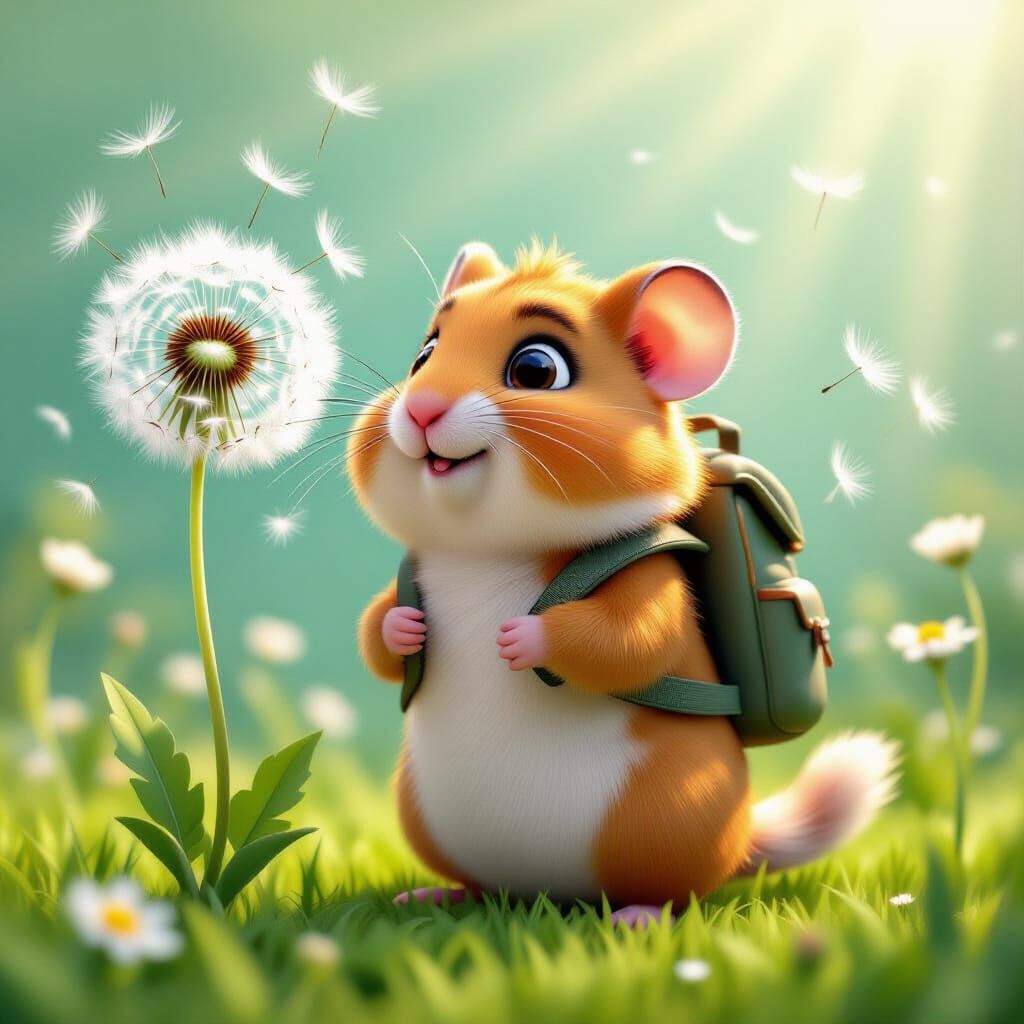 Hamster Blowing Dandelion Fluff in Pixar Style