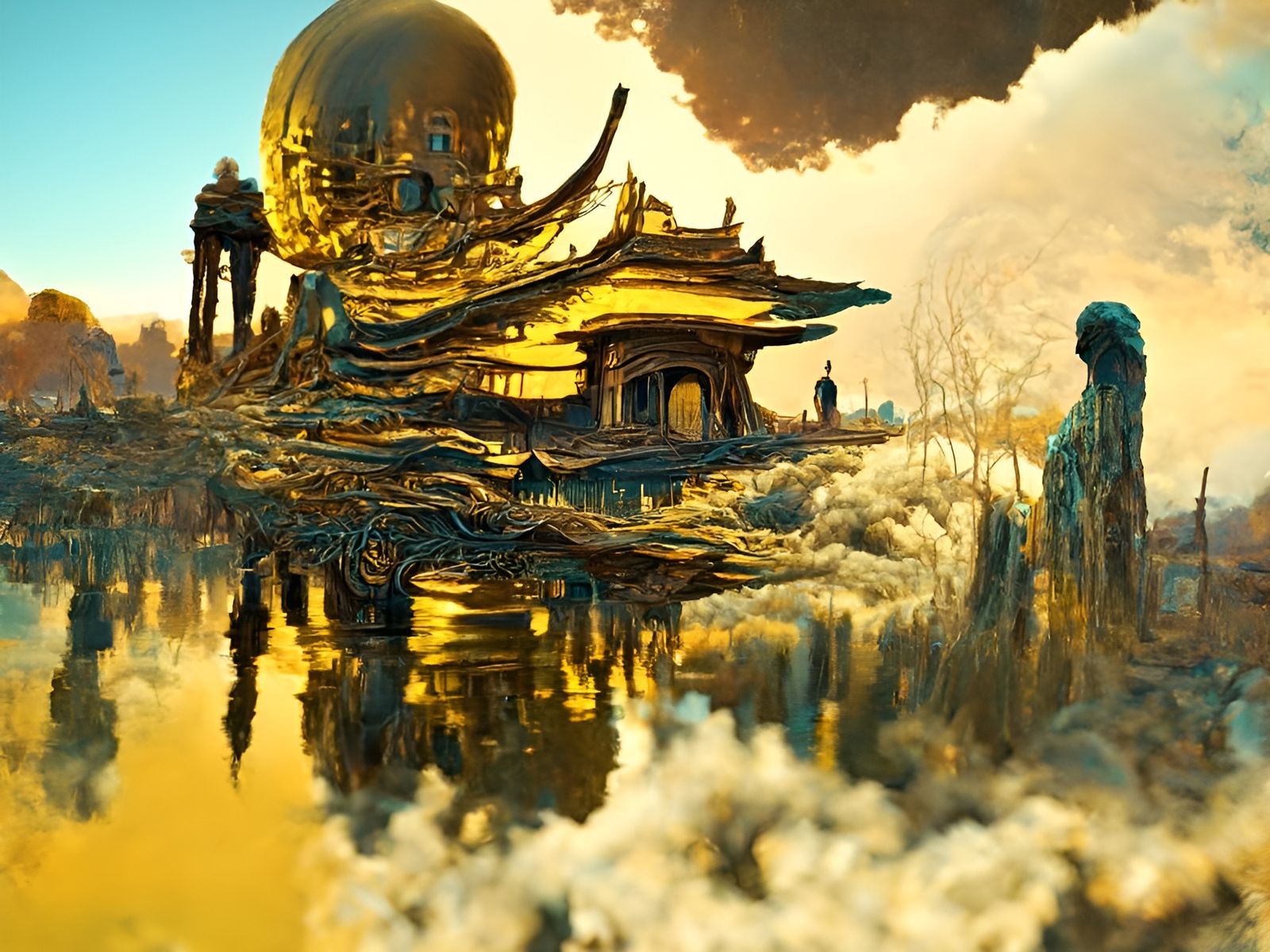 Golden Temple in Surreal Landscape, Digital Art