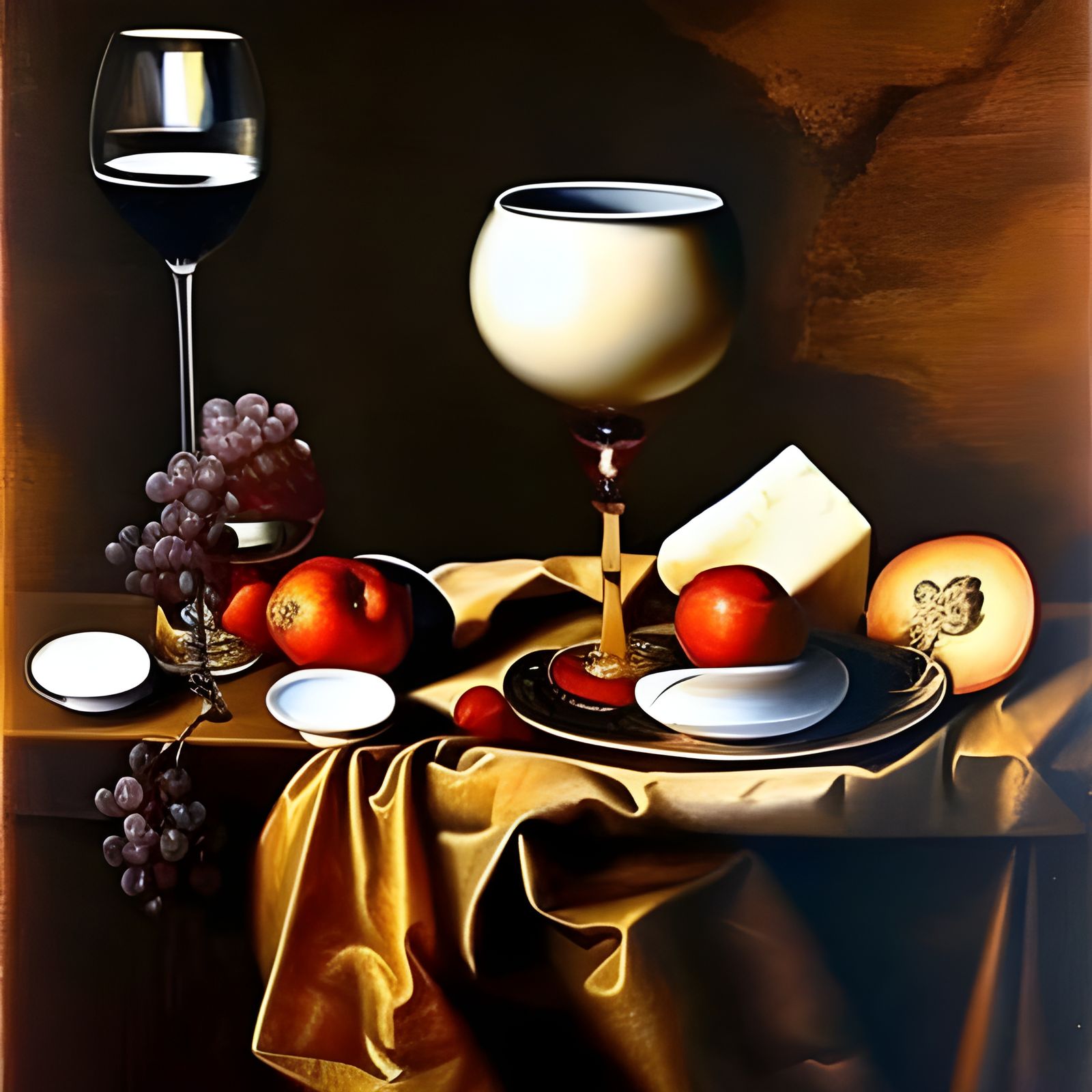 Baroque Still Life with Wine, Grapes, and Cheese
