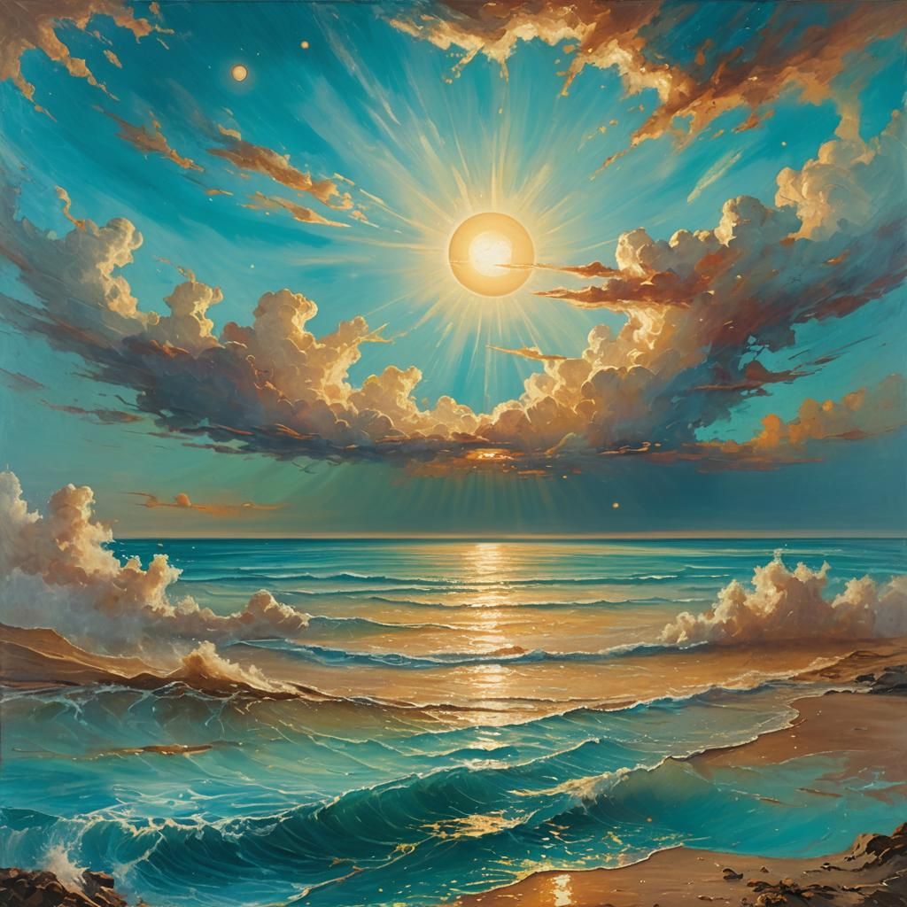 Surreal Sun Ascends Over Turquoise Horizon