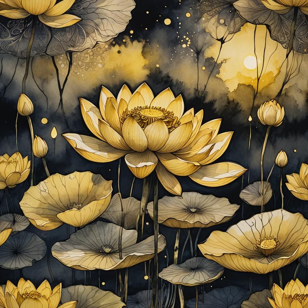 Ethereal Gold Lotus in Ink Wash Painting Style