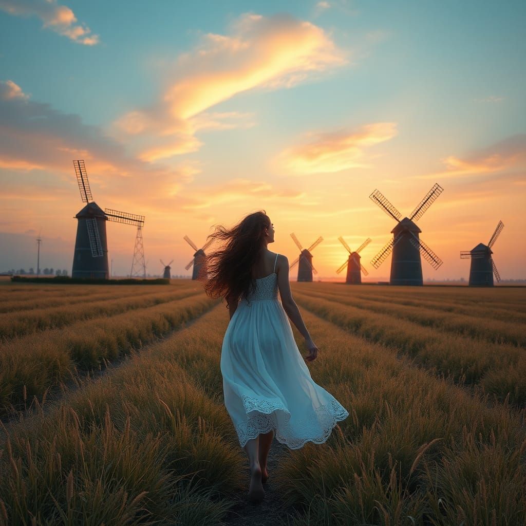 Woman in Windmill Field: Fantasy Matte Painting