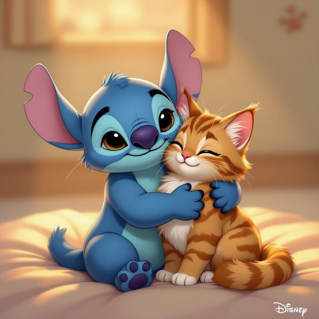 Stitch Cuddles Fluffy Ginger Cat in Digital Art Style