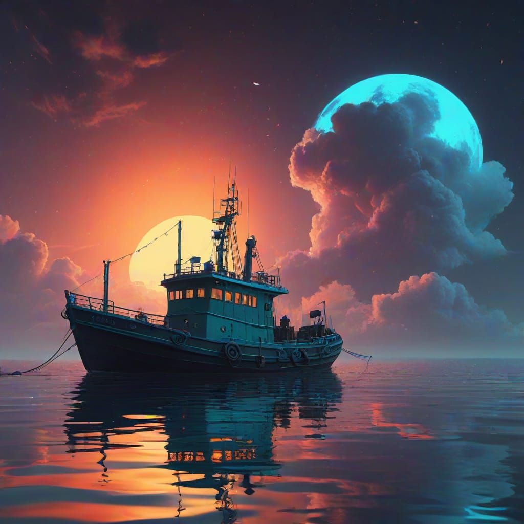 Synthwave Fishing Boat Under Bioluminescent Clouds