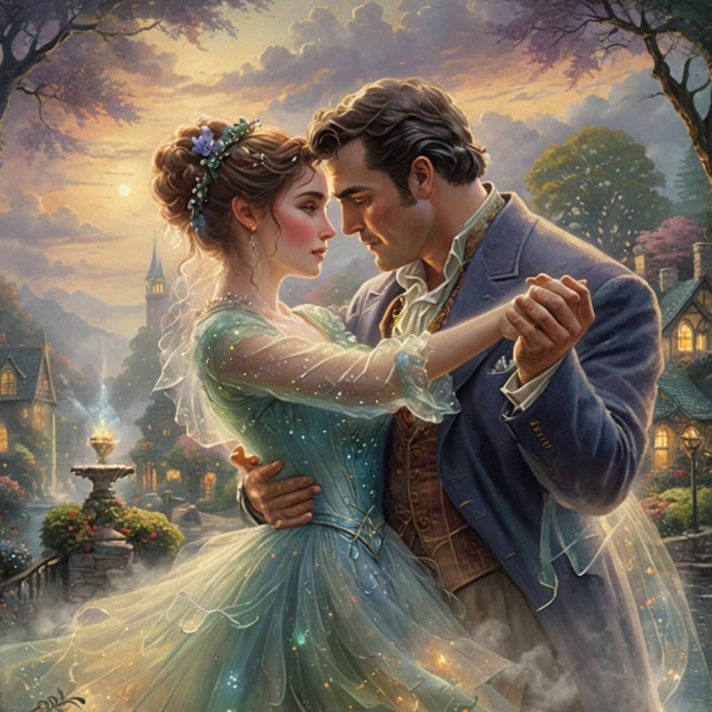 Ethereal Couple Dancing in Misty Fantasy Landscape