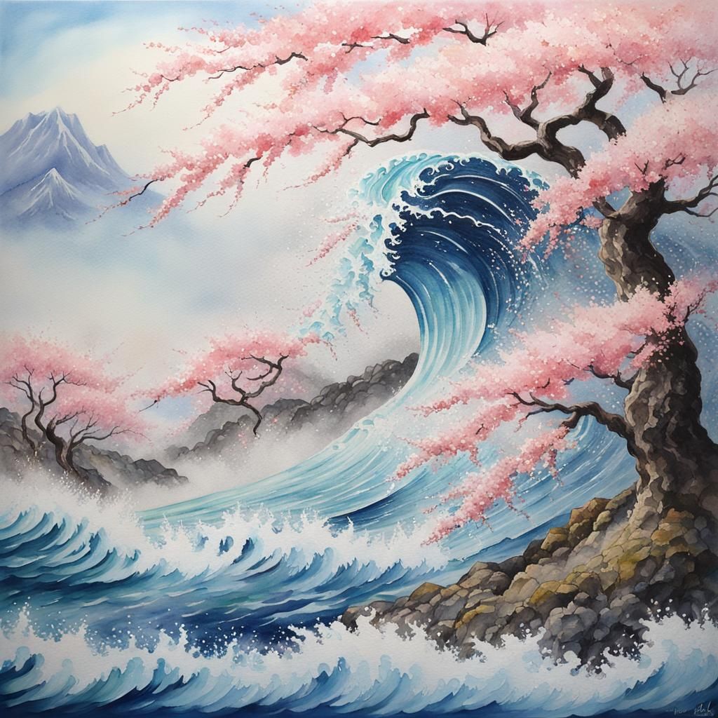 Touchable Seascape with Cherry Blossoms in Watercolor