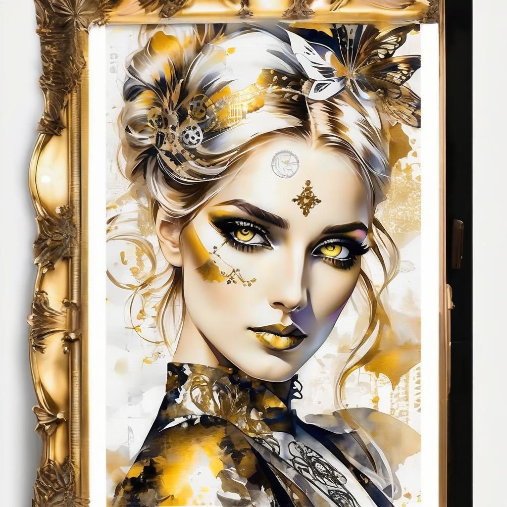 Regal Lady Portrait with Steampunk Motifs in Watercolor
