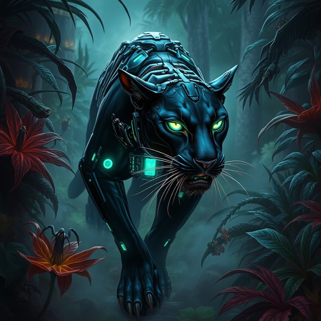 Cyberpunk Panther Stalks Alien Jungle in Hyperrealistic Styl...