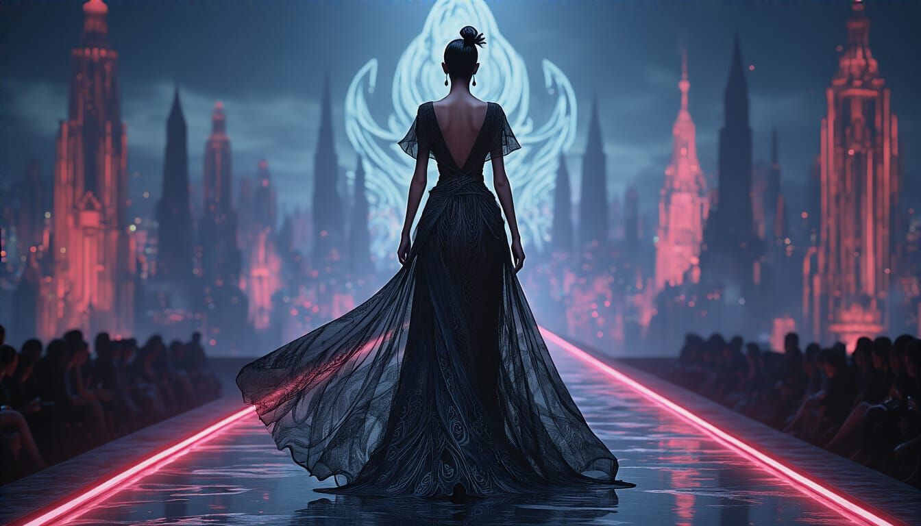 Futuristic Fashion Model on Neon Runway