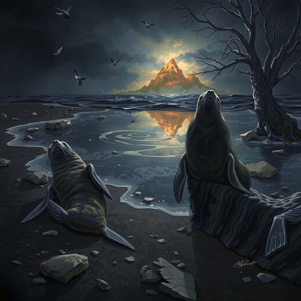 two seals sitting on the shore