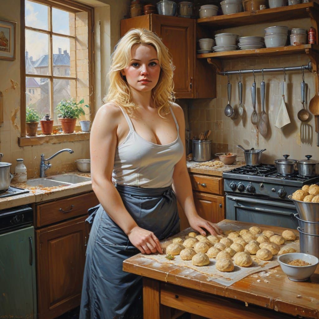 Chubby Blonde Baker Surrounded by Dough