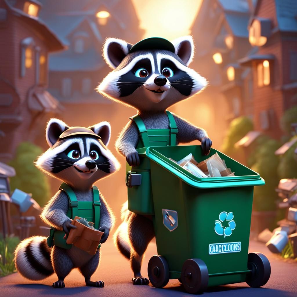 Raccoons as Whimsical Garbage Collectors in 3D Animation