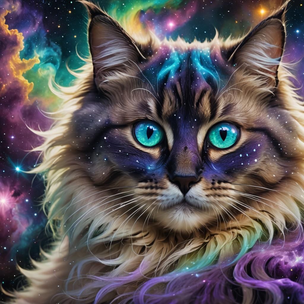 Galaxy Cat with Glowing Eyes in Nebula