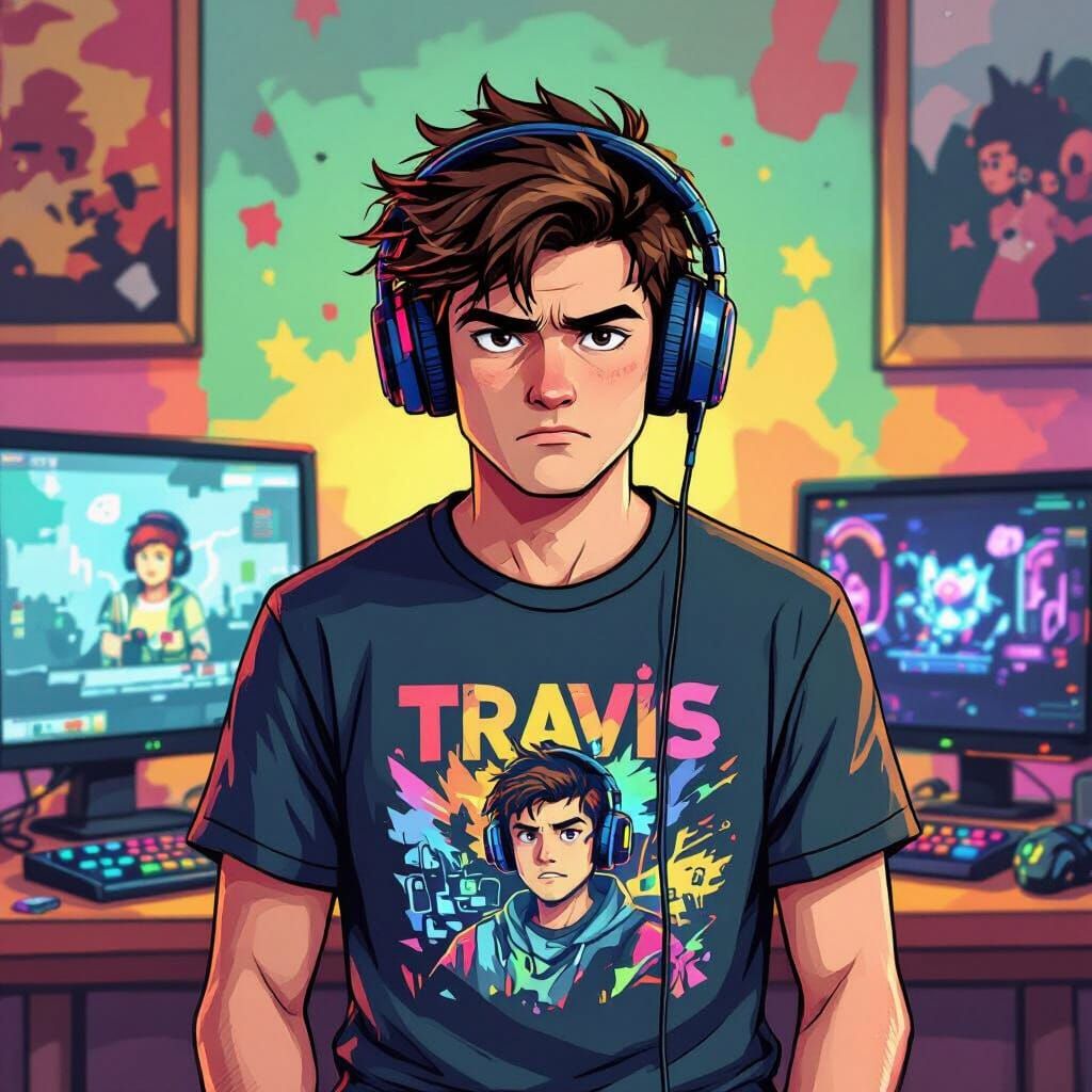 Entitled Gamer Surrounded by Consoles in Vibrant Digital Art