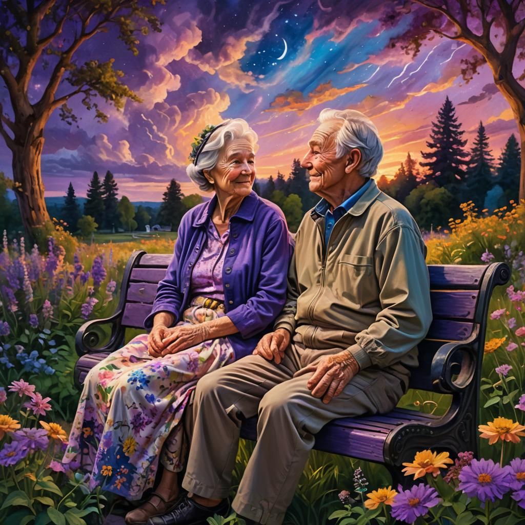 Elderly Couple Embrace Under Twilight Sky