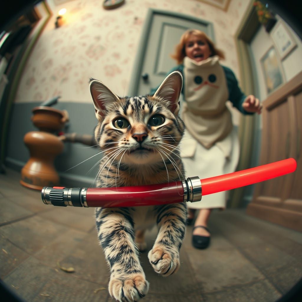 Fisheye View of Tabby Cat Chasing Red Lightsaber