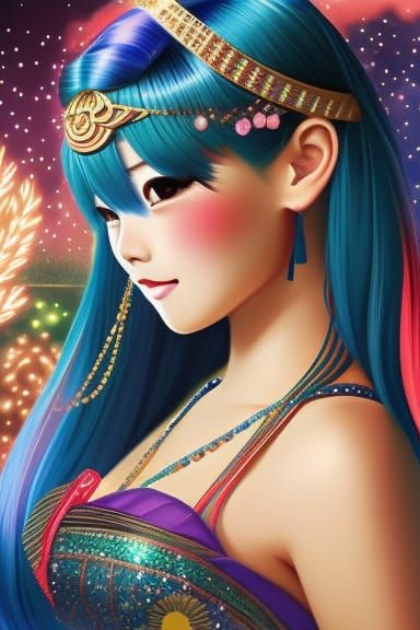 Cute Asian Girl with Sapphire Hair, Digital Illustration