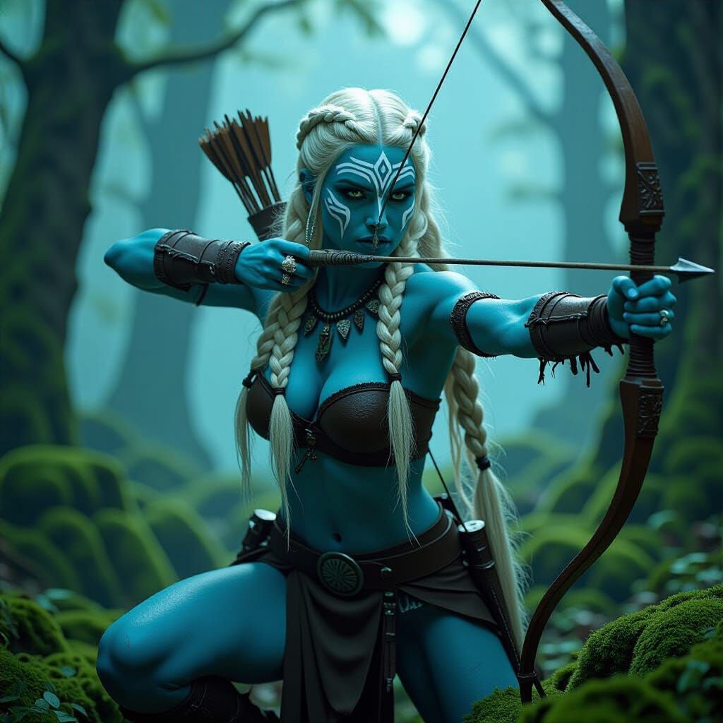 Blue-Skinned Woman Warrior in Mystical Forest