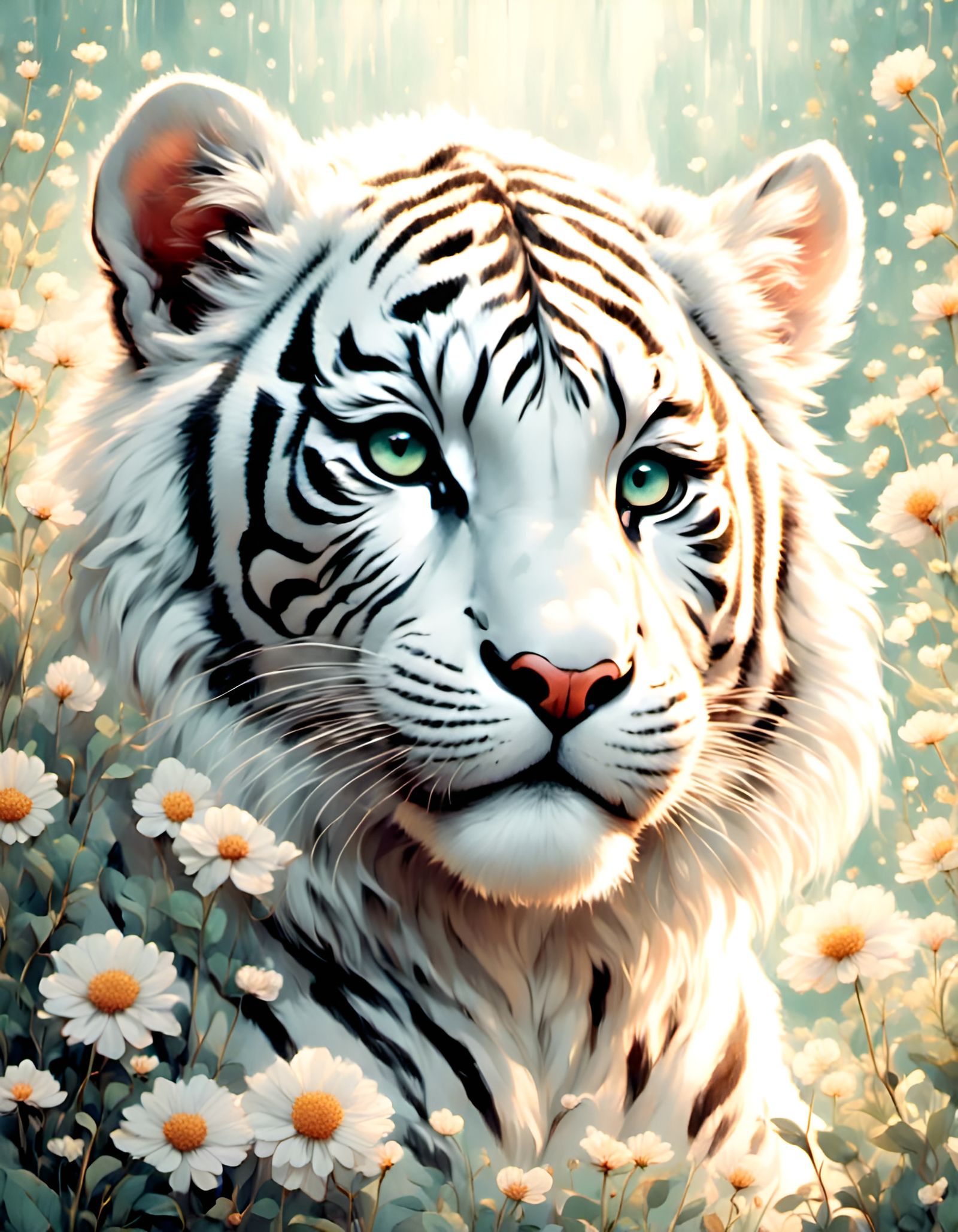 <lora:Cute Animals:1.0>  <lora:Kyoot:1.0> cute baby white Tiger opulent bright light eyes yawning...