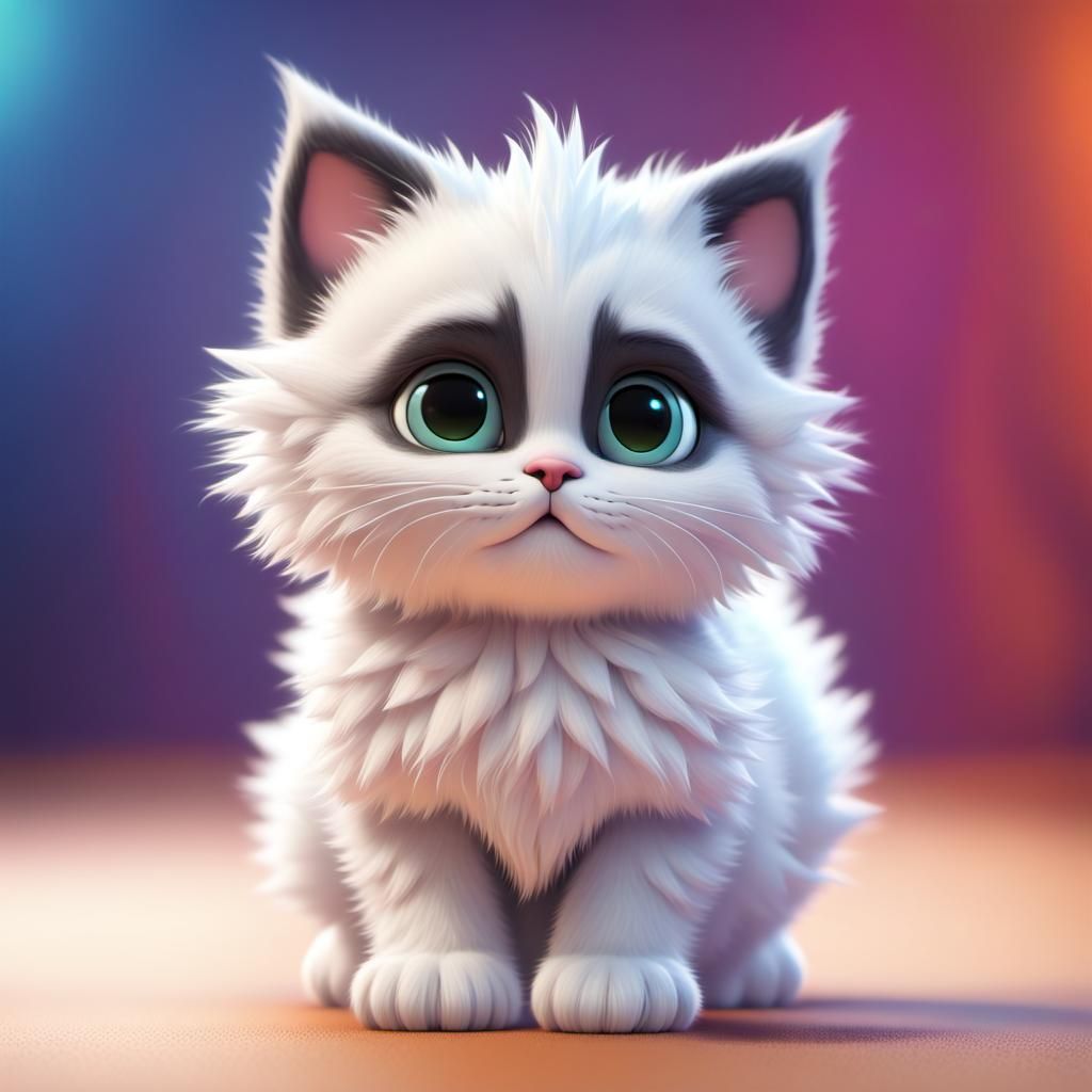 Cute Fluffy Kitten in Black and White: 3D Digital Art