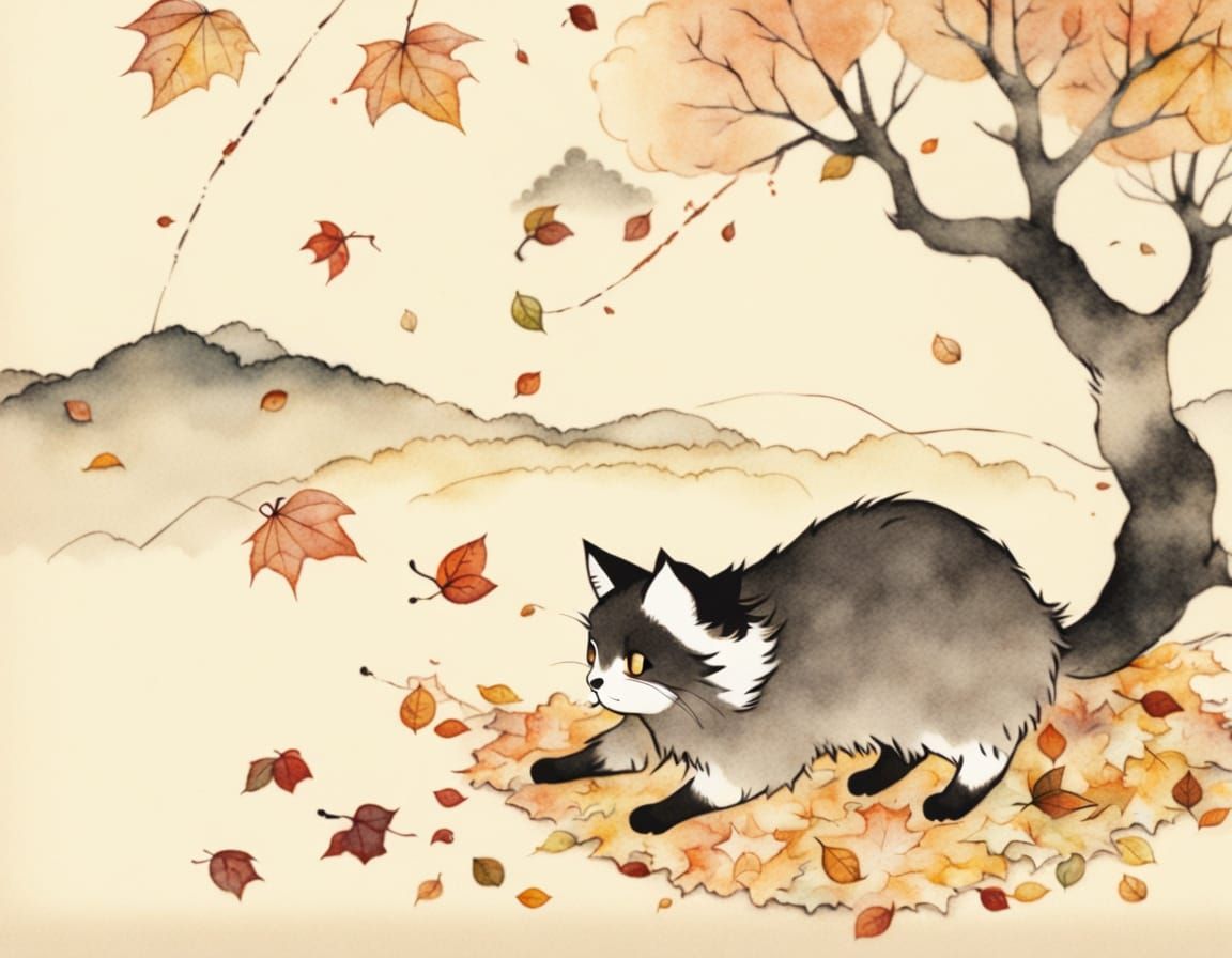 Kawaii Chibi Kitten in Ukiyo-e Autumn Landscape