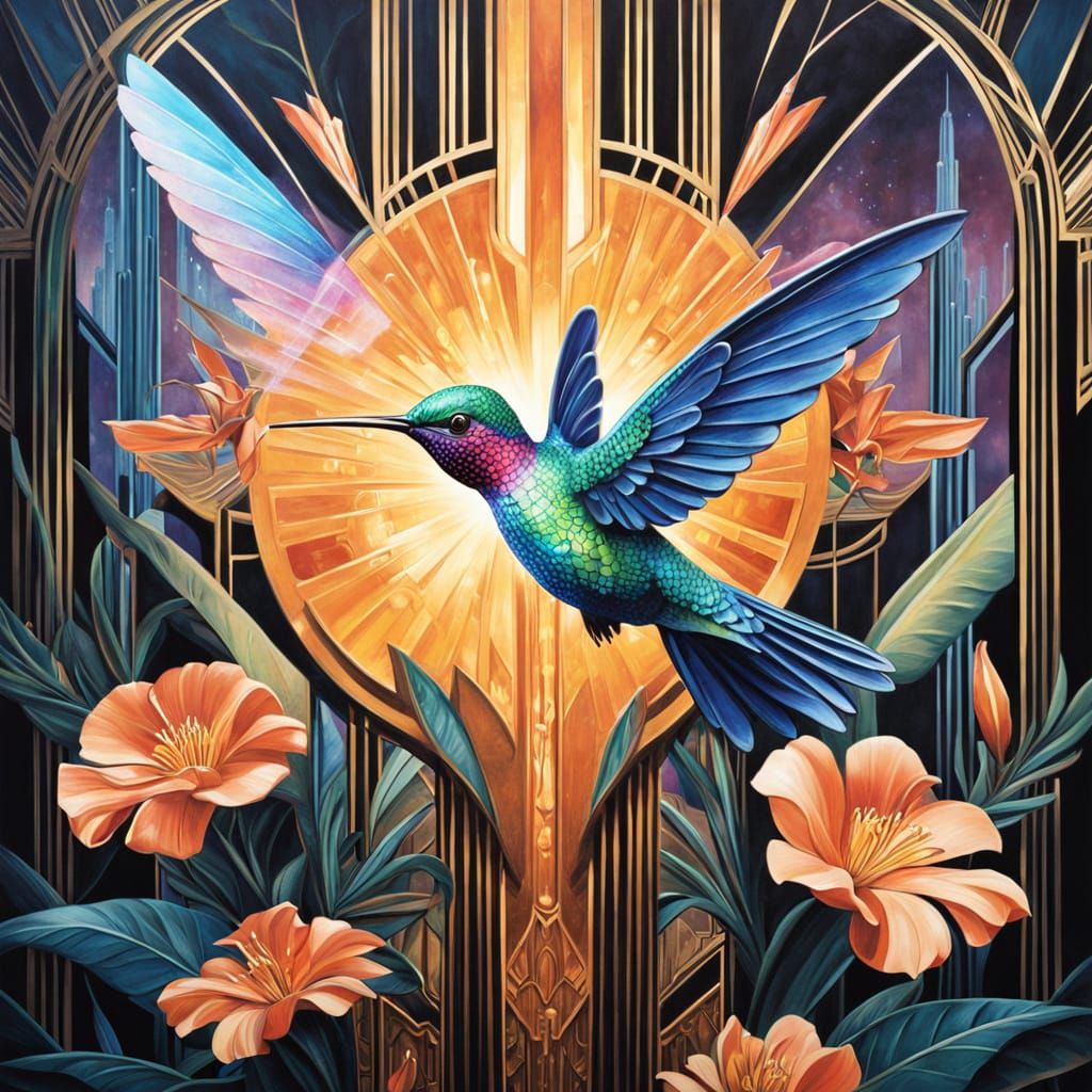 Luxurious Art Deco Hummingbird in Iridescent Feathers