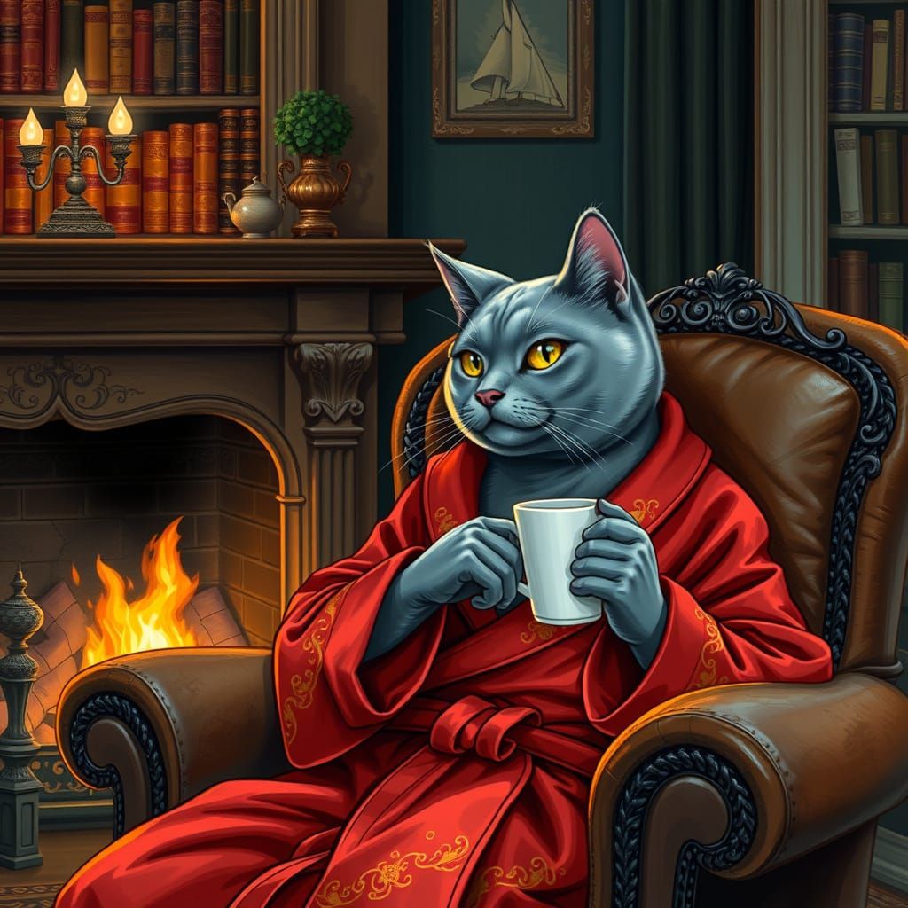 Sophisticated Cat Enjoys Coffee by Fireplace
