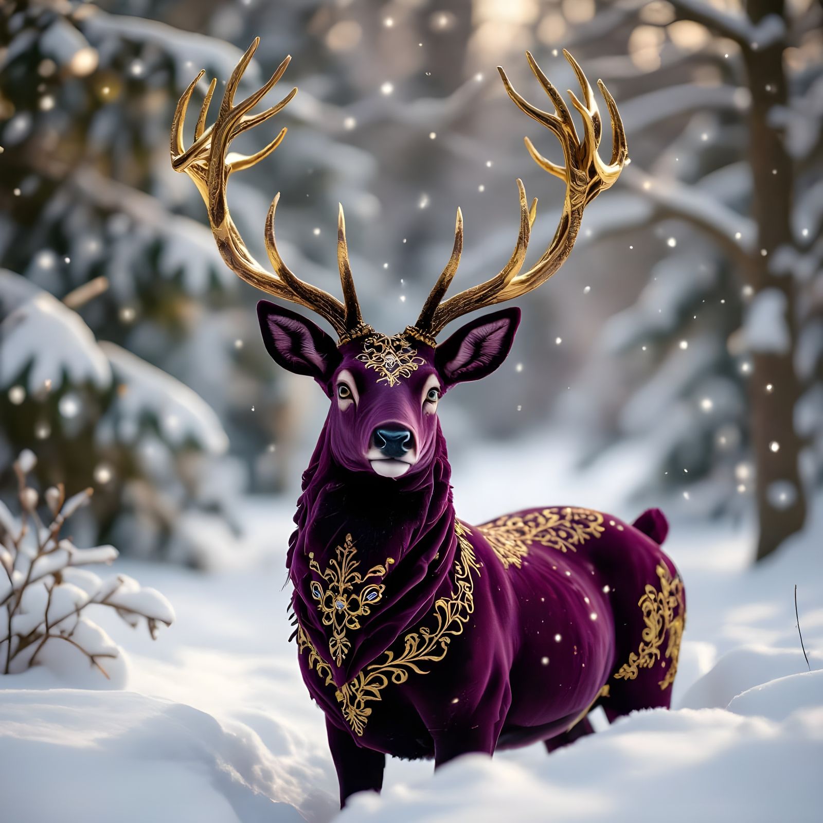 Velvet Stag with Gold Antlers in Snowy Forest
