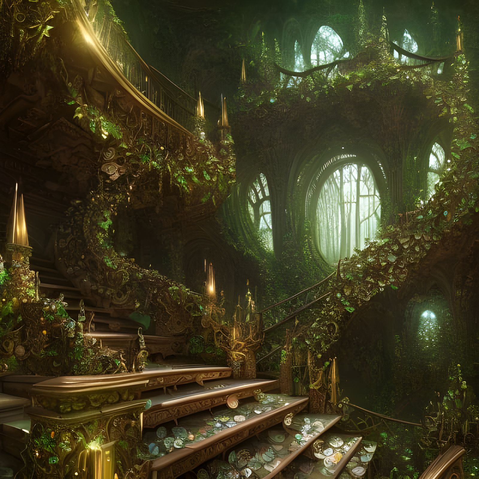 Intricate Elven Palace Staircase in Forest Setting