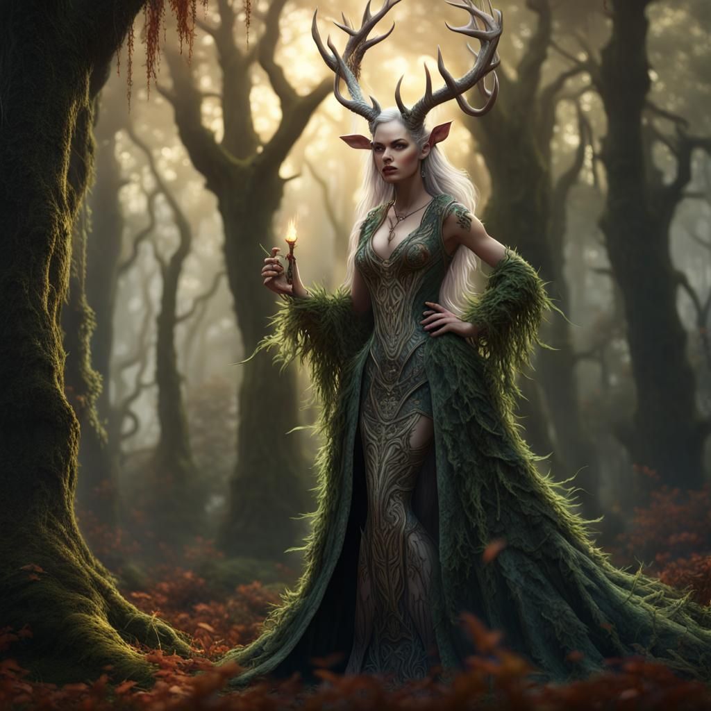 Enchantress Conjuring Spell on Stag in Forest