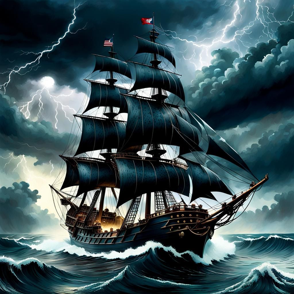 Pirate Ship Black Pearl Battles Galleon in Storm