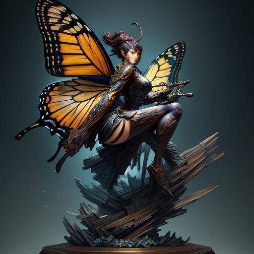 Intricate Wood Carving Butterfly Statue