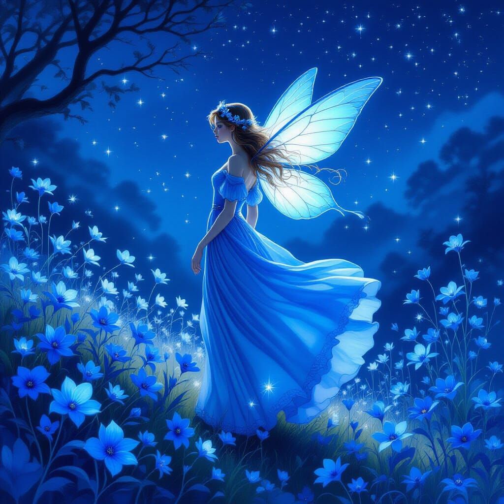 Fairy in Blue Dress with Flowers in Magical Light