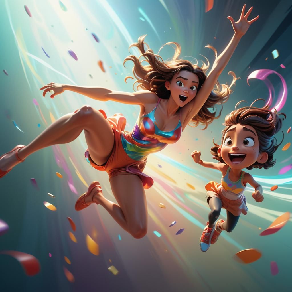 Woman Leaping with Cartoon Character in Dynamic Composition