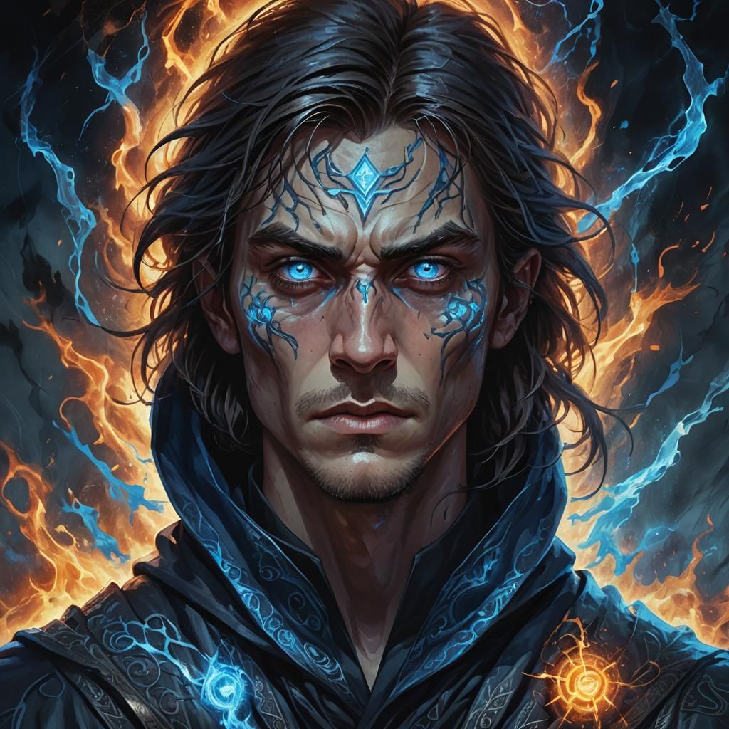 Dark Wizard Concept Art with Glowing Blue Eyes