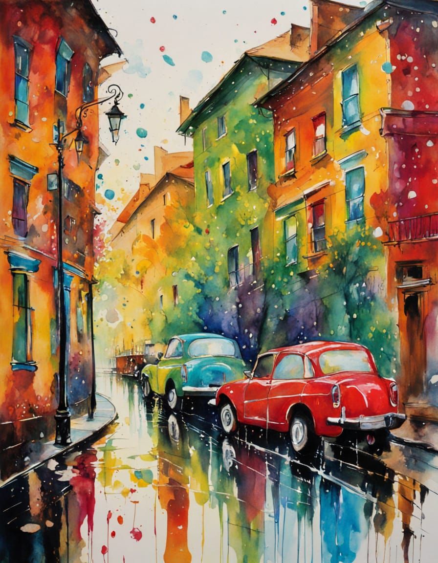 Whimsical Row Houses in Rainy Impressionist Scene