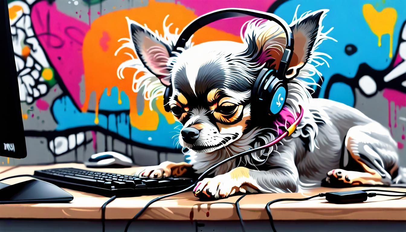 Chihuahua Animorph Graffiti Art Sleeping at Computer